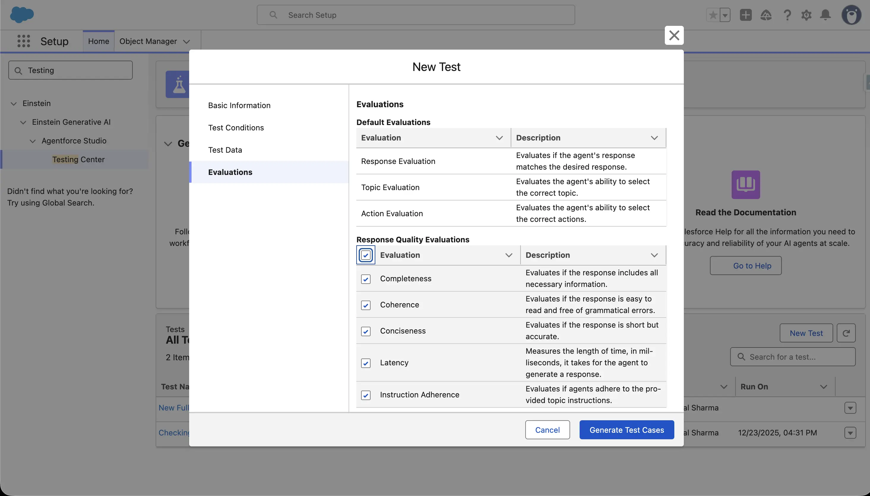 Select Test Criteria